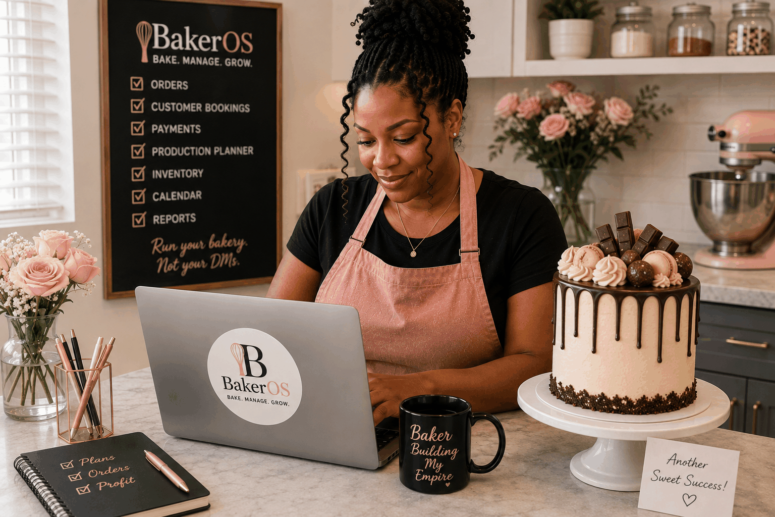 Home baker using a laptop beside a finished cake