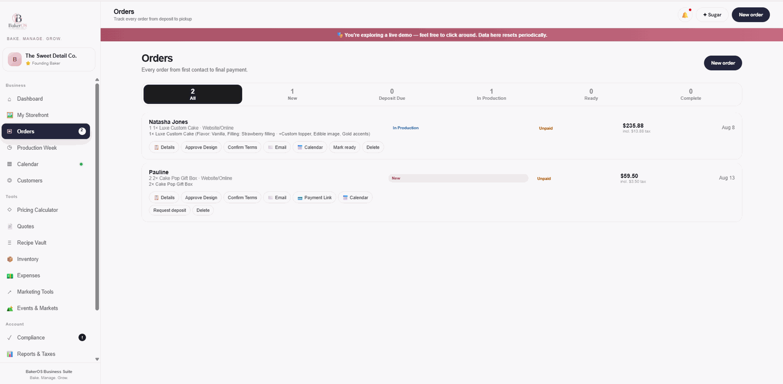 BakerOS Orders screen
