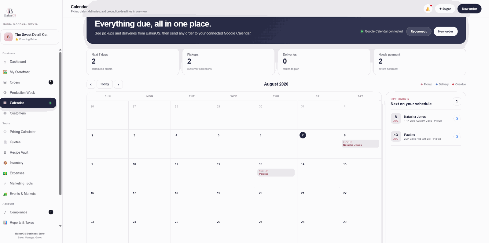 BakerOS Calendar workspace with Google Calendar connected