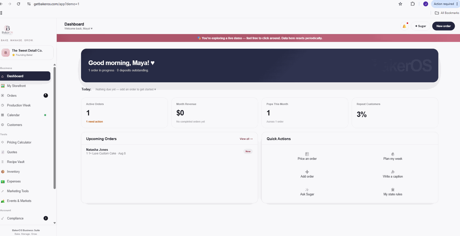 Real BakerOS dashboard showing orders, revenue, production and quick actions